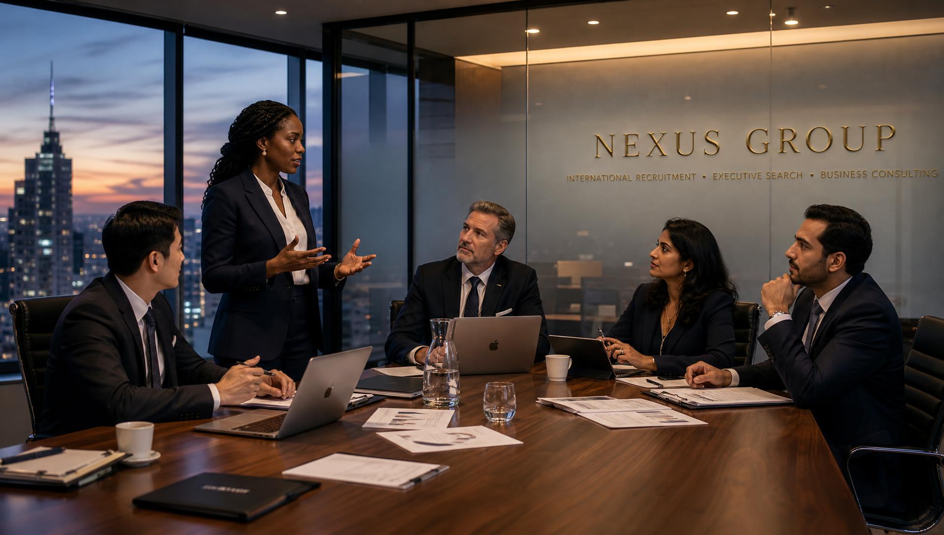 Executives in discussion in a modern boardroom overlooking a city at dusk