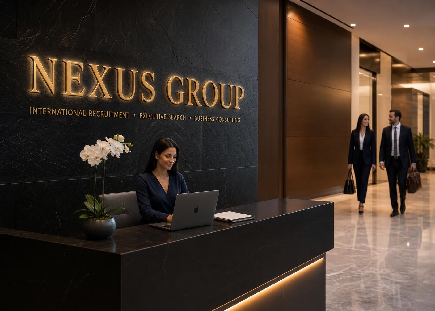 Nexus Group reception area with illuminated brand lettering and arriving clients
